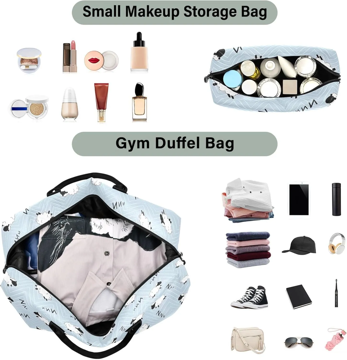 Blue Sleepy Sheep Cute Duffle Bag Women Travel Makeup Pouch Set, Animal Floral Women Luggage Set Overnight Bag