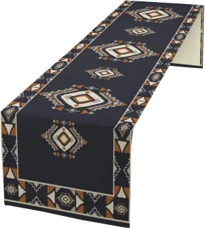 Boho Bohemian Tribal Hunter Deep Blue White Geometric Print Decor Table Runner Tabletop Overlay Mat Topper Dining Room Kitchen 13x60 inch