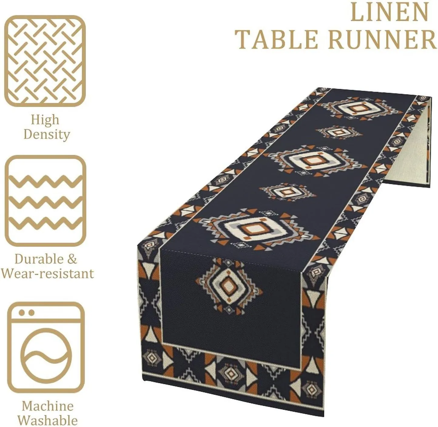 Boho Bohemian Tribal Hunter Deep Blue White Geometric Print Decor Table Runner Tabletop Overlay Mat Topper Dining Room Kitchen 13x60 inch