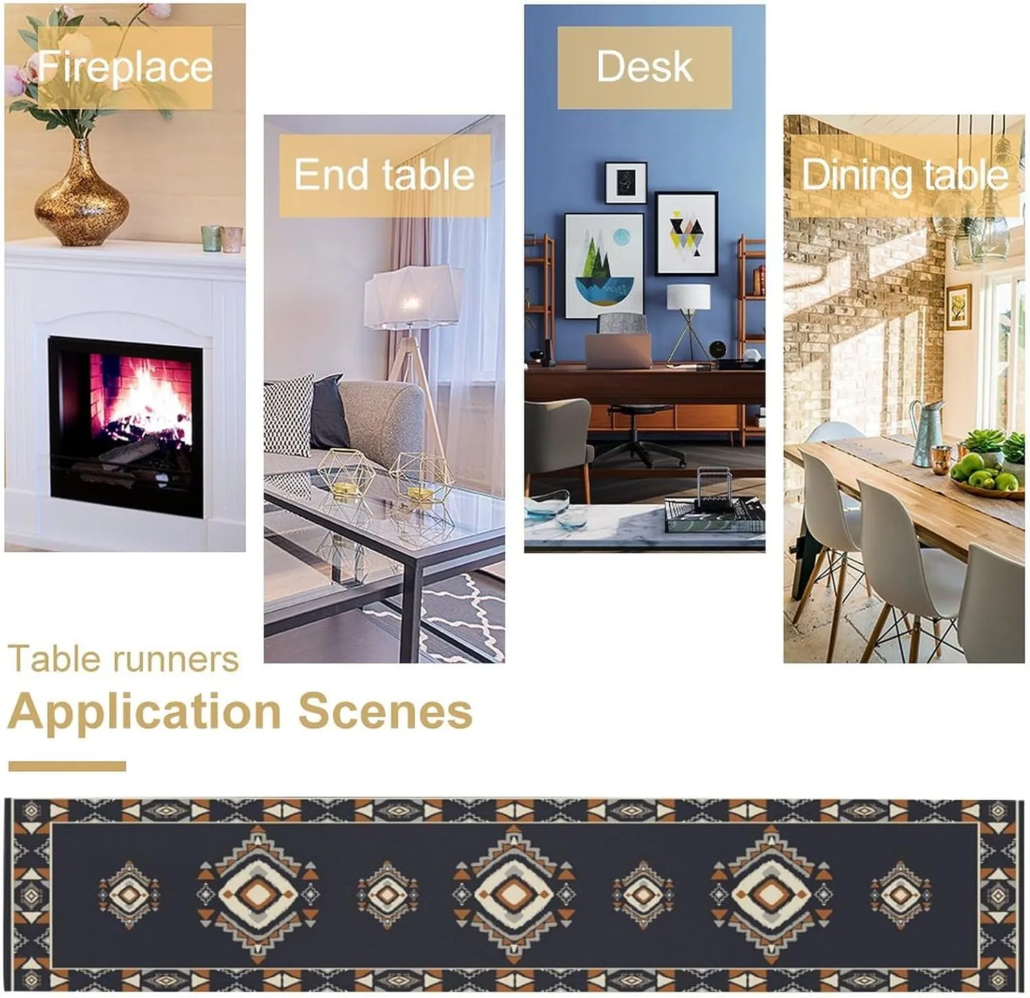Boho Bohemian Tribal Hunter Deep Blue White Geometric Print Decor Table Runner Tabletop Overlay Mat Topper Dining Room Kitchen 13x60 inch