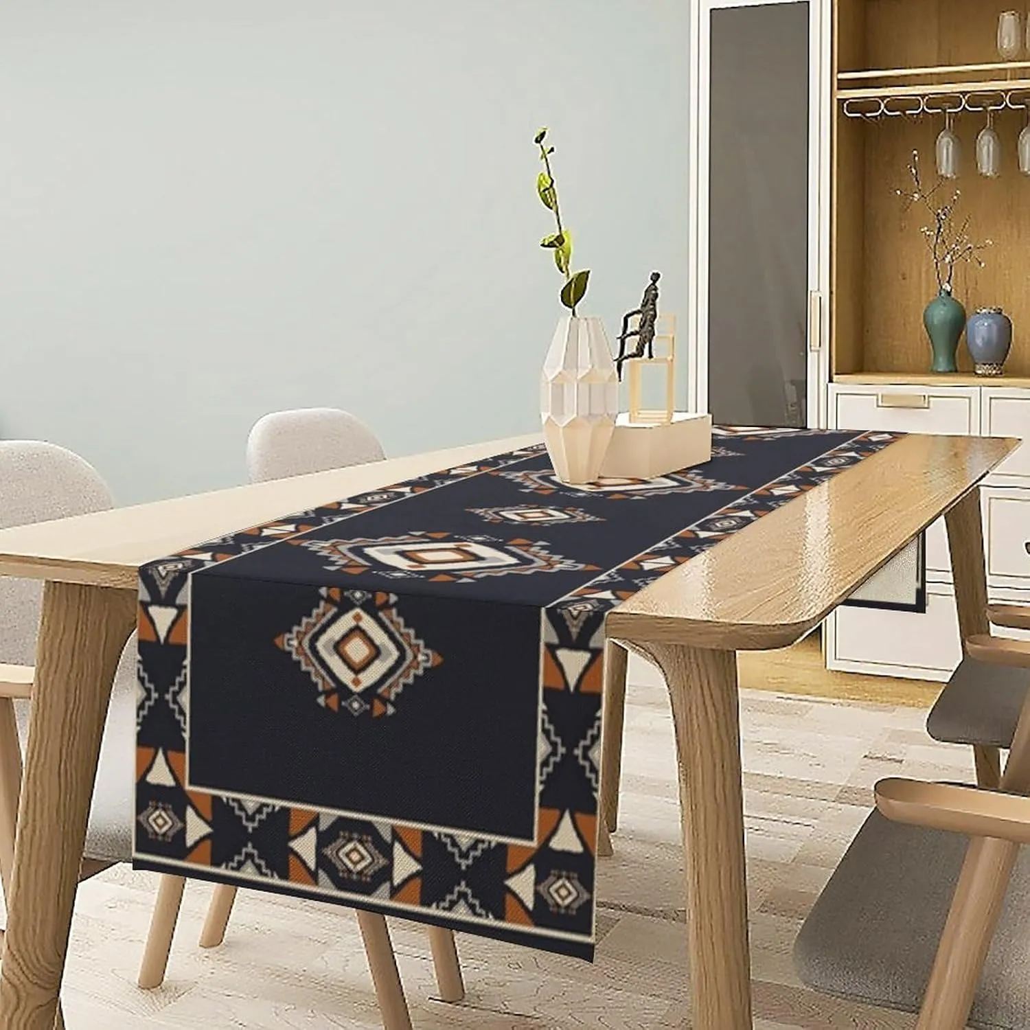 Boho Bohemian Tribal Hunter Deep Blue White Geometric Print Decor Table Runner Tabletop Overlay Mat Topper Dining Room Kitchen 13x60 inch