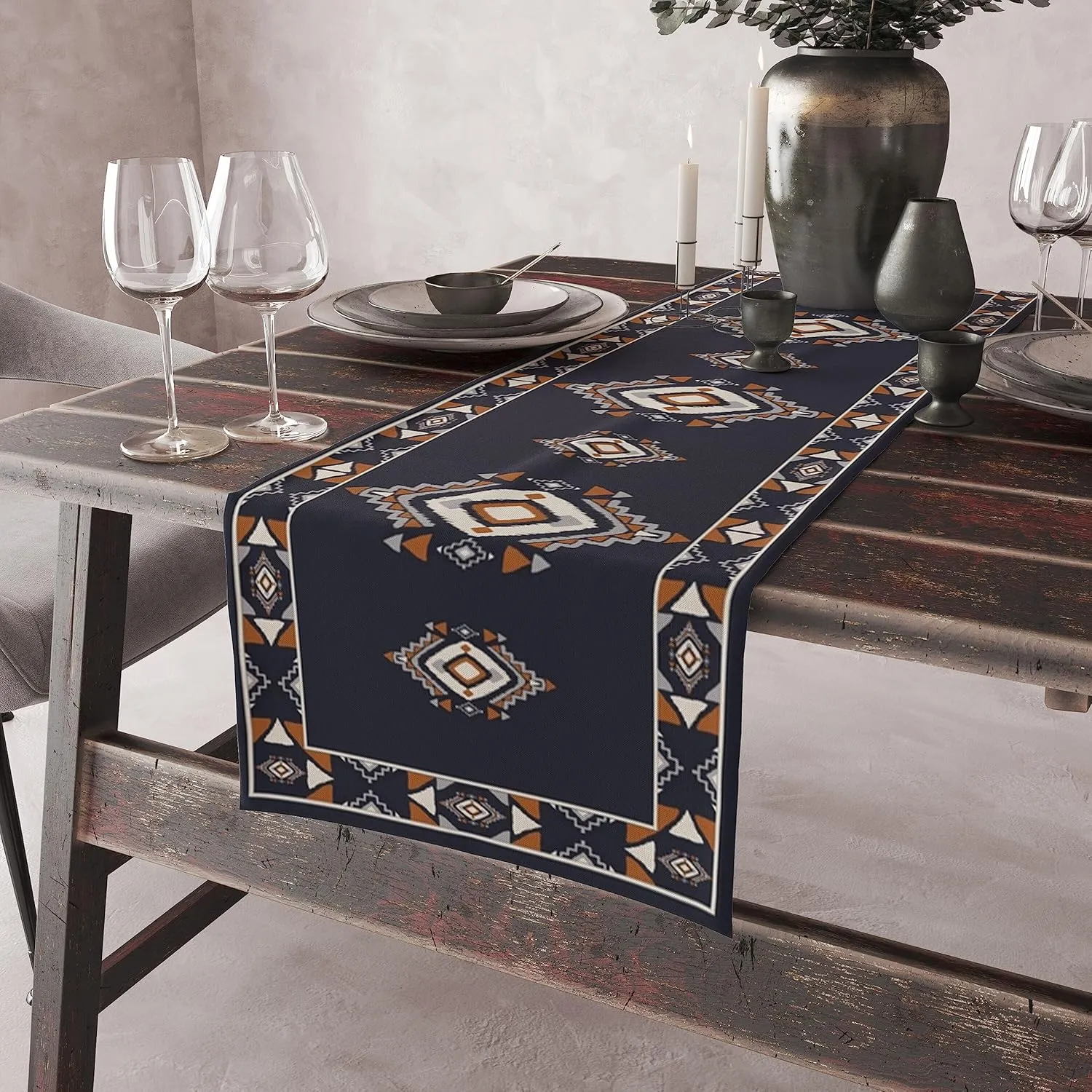 Boho Bohemian Tribal Hunter Deep Blue White Geometric Print Decor Table Runner Tabletop Overlay Mat Topper Dining Room Kitchen 13x60 inch