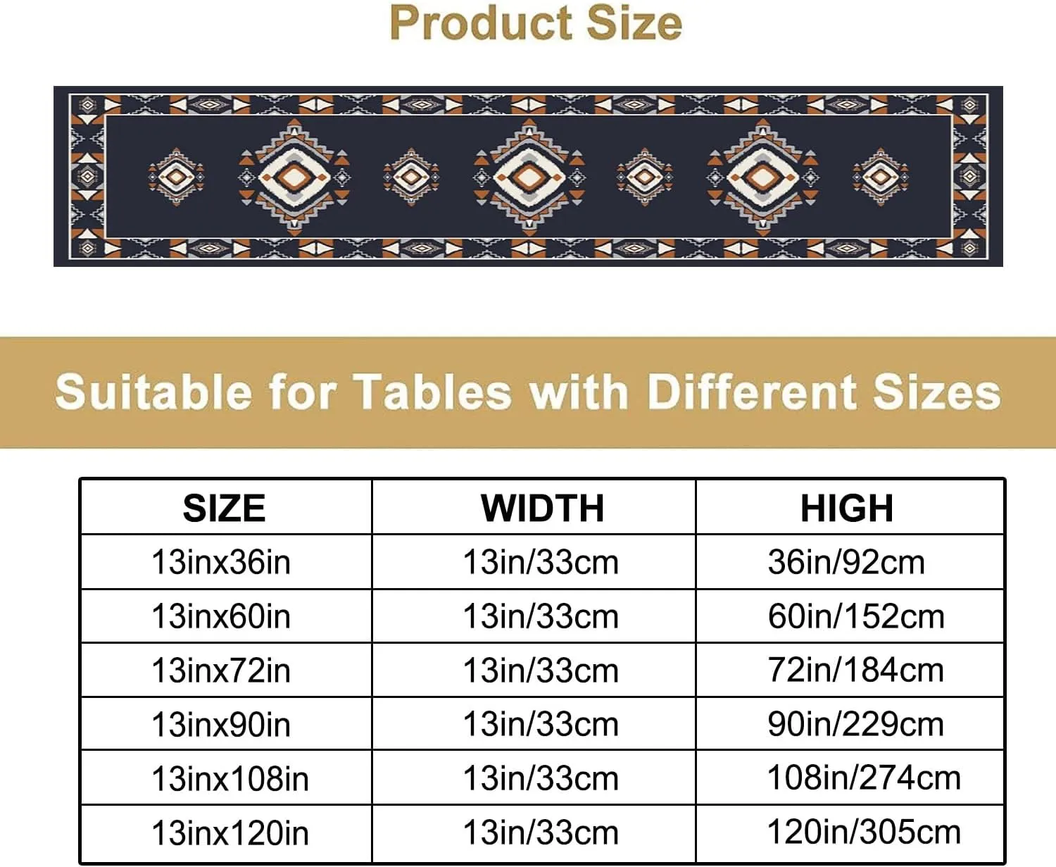 Boho Bohemian Tribal Hunter Deep Blue White Geometric Print Decor Table Runner Tabletop Overlay Mat Topper Dining Room Kitchen 13x60 inch