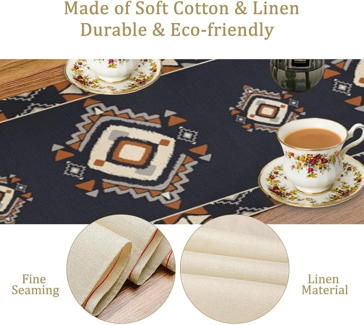 Boho Bohemian Tribal Hunter Deep Blue White Geometric Print Decor Table Runner Tabletop Overlay Mat Topper Dining Room Kitchen 13x60 inch