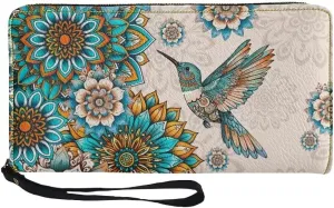Boho Mandala Leather Wristlet Wallet for Women Hummingbird Large Credit Card Clutch Wallets Elegant Travel Purse Handbag