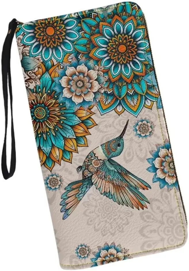 Boho Mandala Leather Wristlet Wallet for Women Hummingbird Large Credit Card Clutch Wallets Elegant Travel Purse Handbag