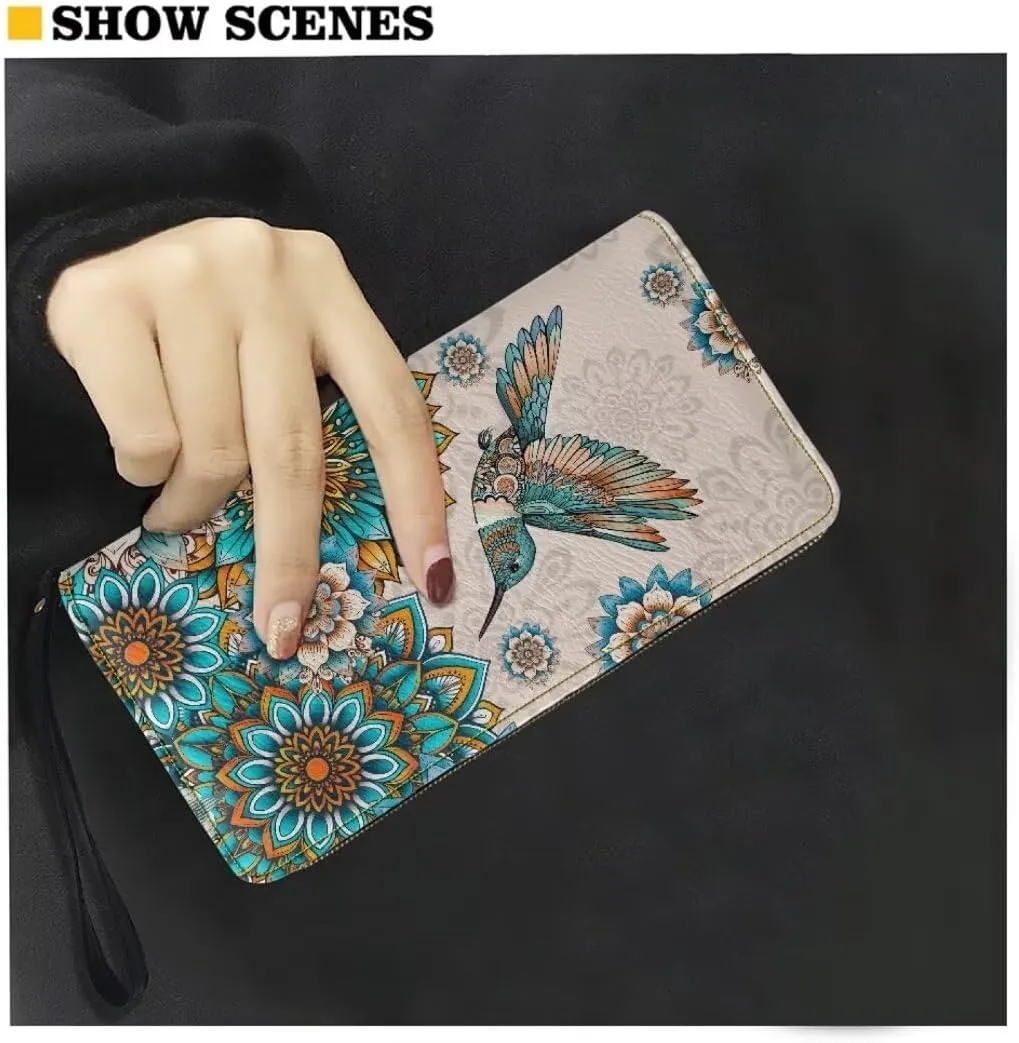 Boho Mandala Leather Wristlet Wallet for Women Hummingbird Large Credit Card Clutch Wallets Elegant Travel Purse Handbag