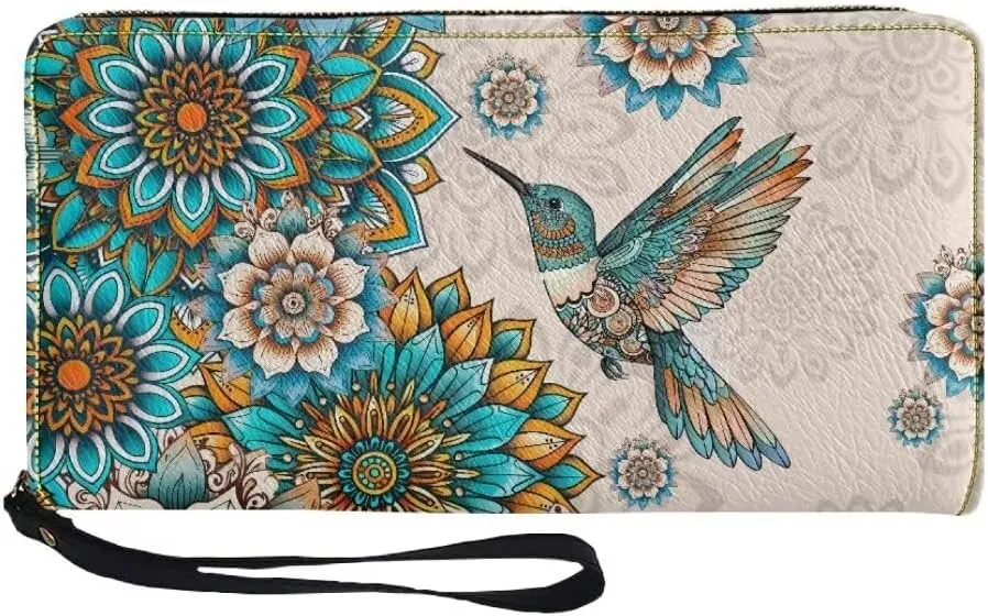 Boho Mandala Leather Wristlet Wallet for Women Hummingbird Large Credit Card Clutch Wallets Elegant Travel Purse Handbag