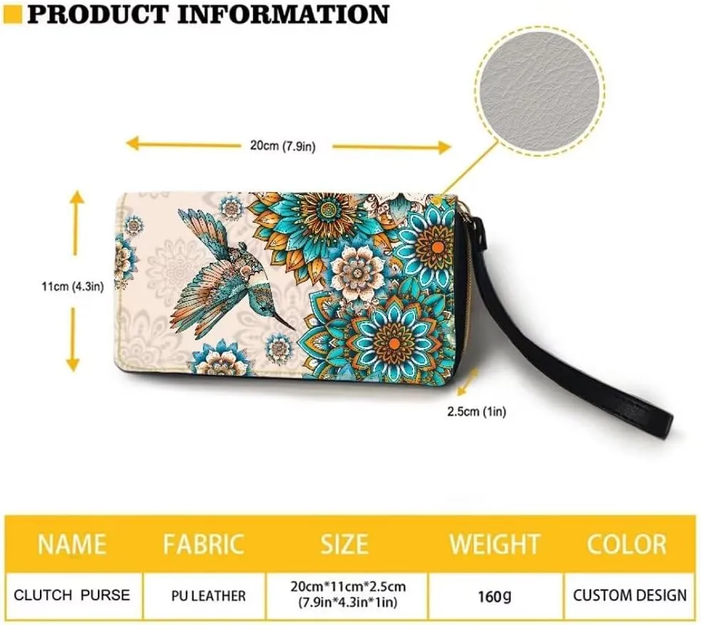 Boho Mandala Leather Wristlet Wallet for Women Hummingbird Large Credit Card Clutch Wallets Elegant Travel Purse Handbag