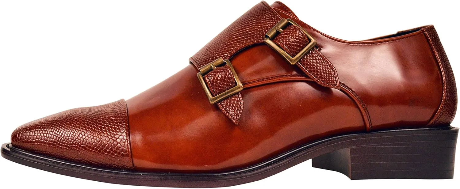 Bolano Bancroft Men's Monk Strap Dress Shoes - Slip on Dress Shoes for Men with Embossed Cap Toe - Designer Formal Shoes with Double Monk Strap