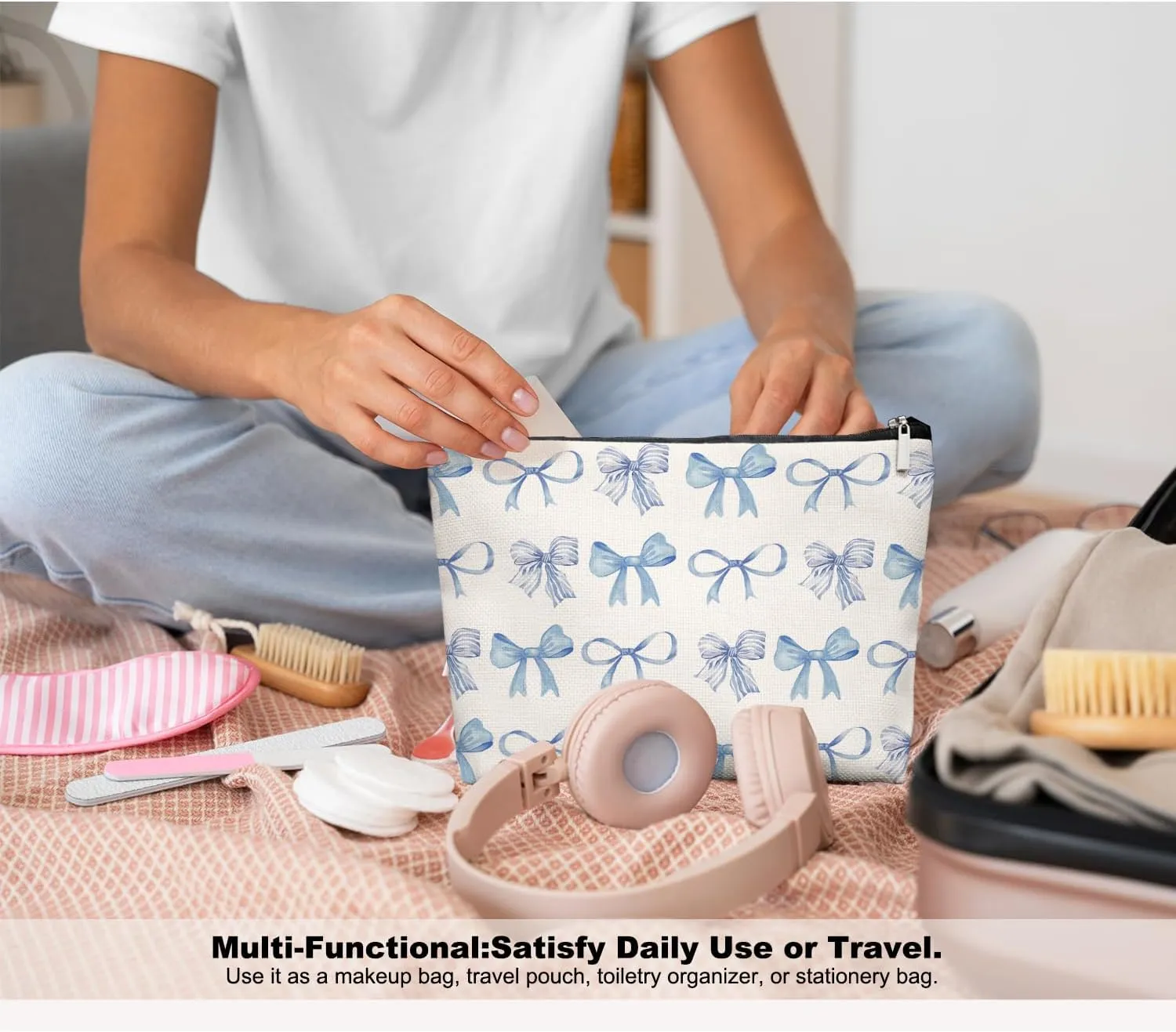 Bow Makeup Bag Make up Bag,Bow Pouch Cosmetic Bags for Women,Preppy Bow Gifts for Women Teen Girls