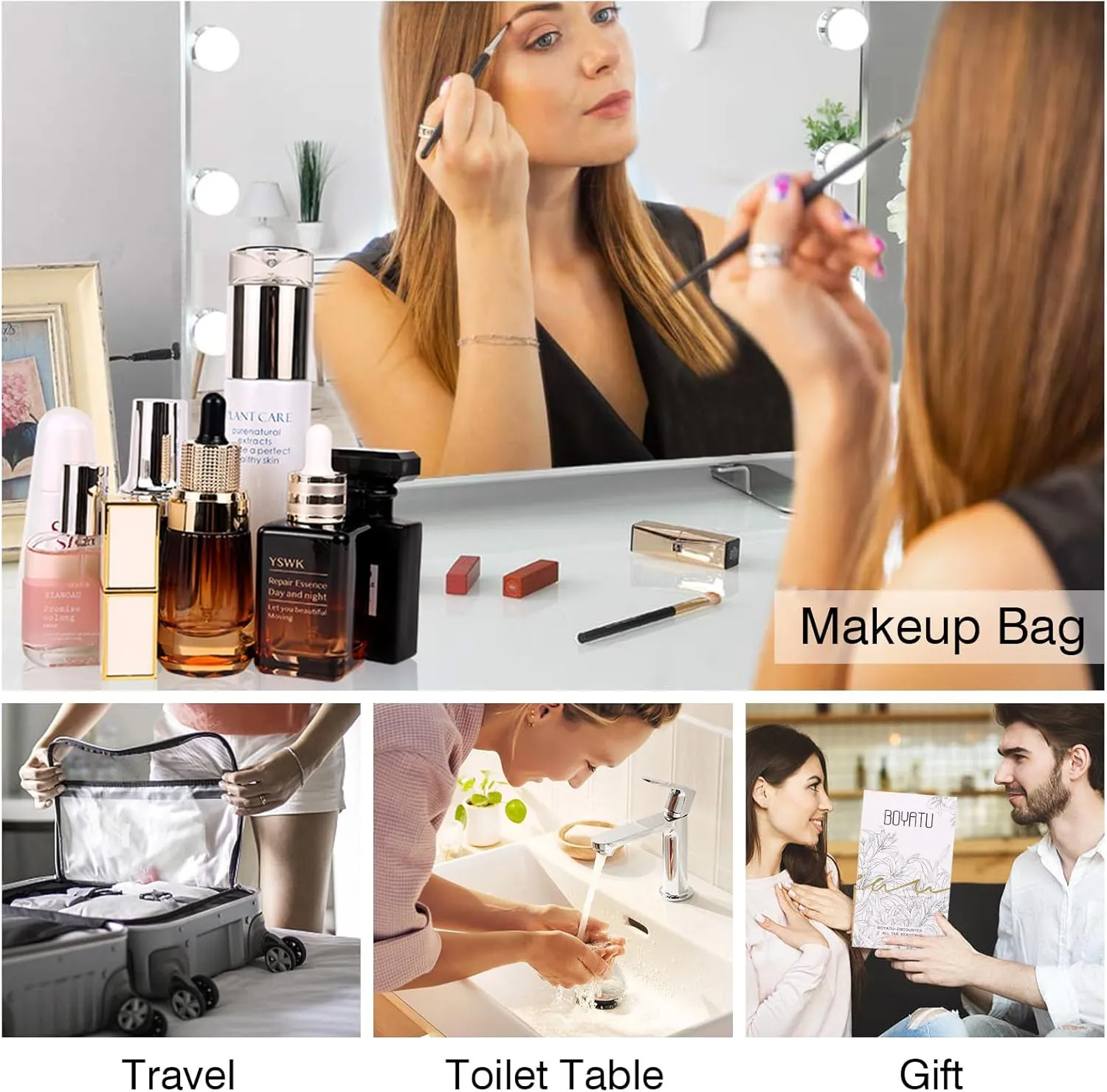 BOYATU Travel Makeup Bags Cosmetic Organizer Bag: 3-Set Large Capacity Make up Bag - PU Leather Toiletry Bags for Women - Wide Open Portable Pouch with Divider & Handle (07-Gold)