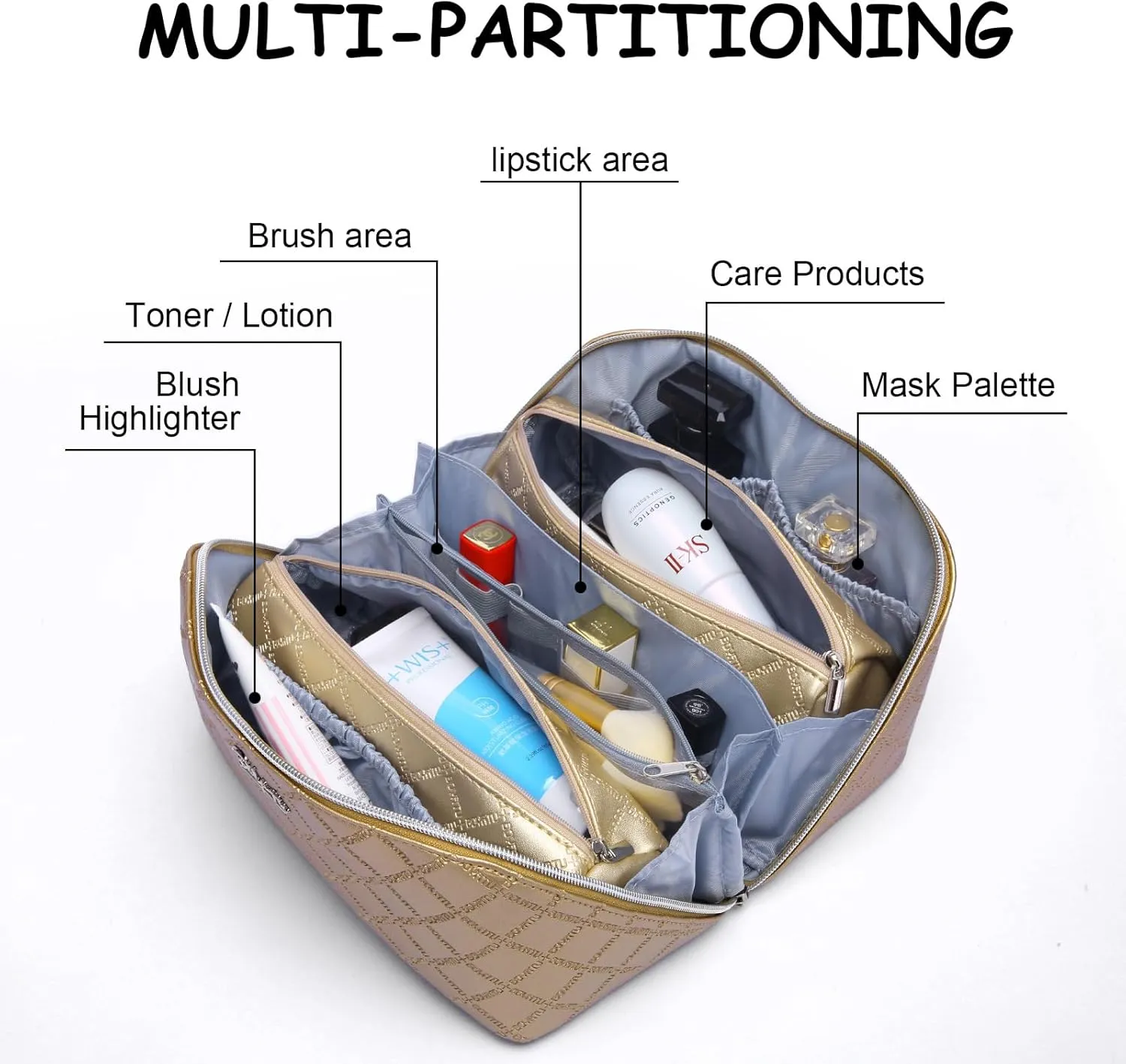 BOYATU Travel Makeup Bags Cosmetic Organizer Bag: 3-Set Large Capacity Make up Bag - PU Leather Toiletry Bags for Women - Wide Open Portable Pouch with Divider & Handle (07-Gold)