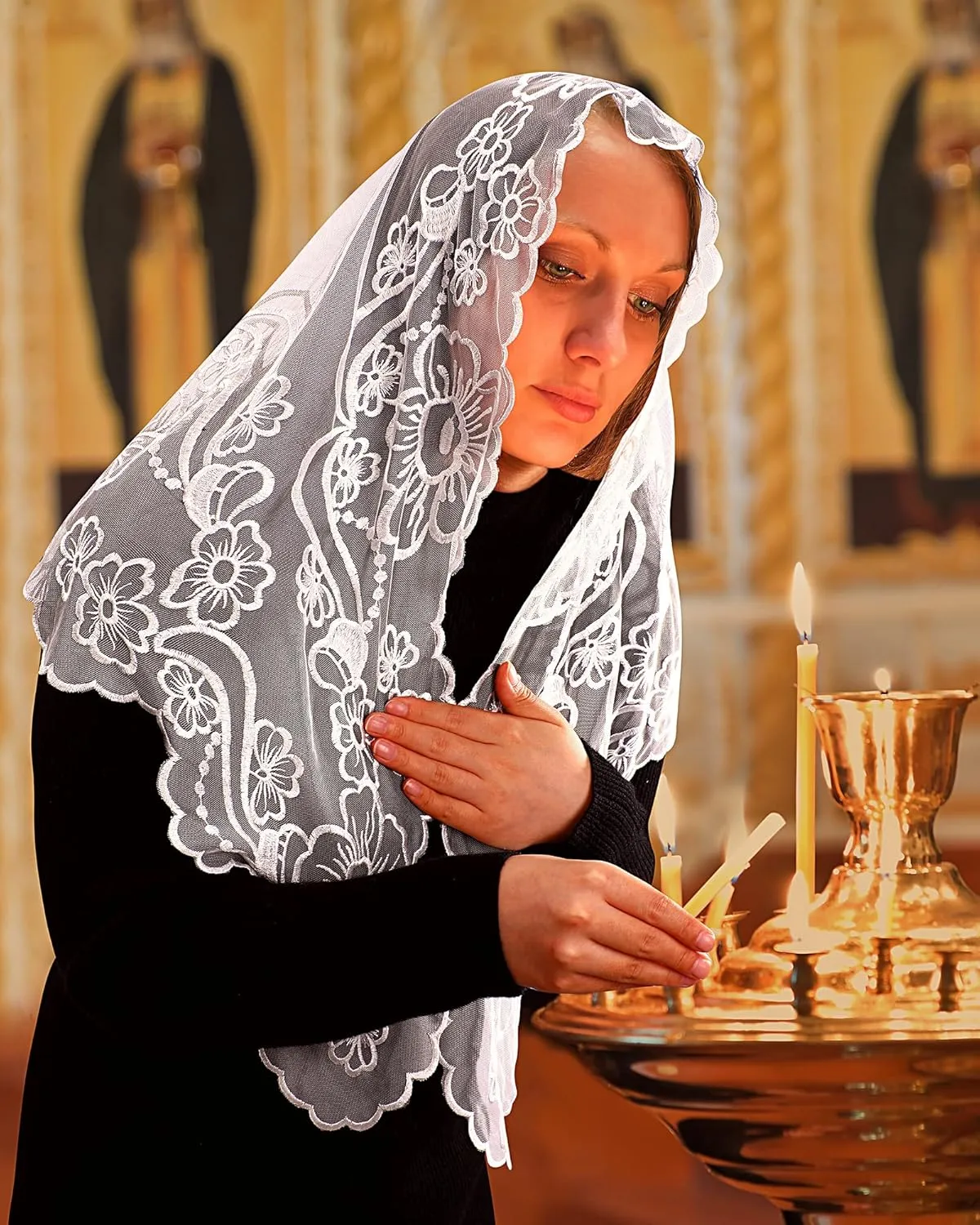 Bozidol Chapel Veils Catholic Mass Mantilla - Virgin and Child Embroidery Lace Triangle Head Coverings Floral Church Veil