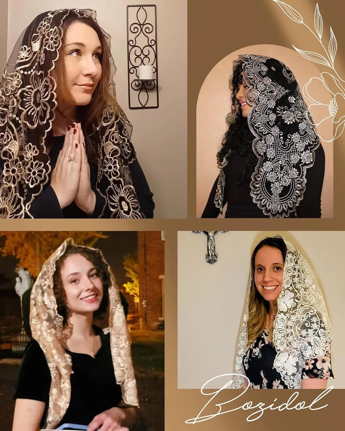 Bozidol Chapel Veils Catholic Mass Mantilla - Virgin and Child Embroidery Lace Triangle Head Coverings Floral Church Veil