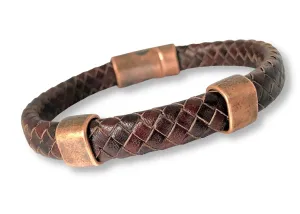 Braided Leather and Antique Copper Bracelet for Men with Magnetic Clasp. Personalized Braided Leather Bracelet with Antique Copper Magnetic Clasp – Engravable Sliders, Unisex Jewelry