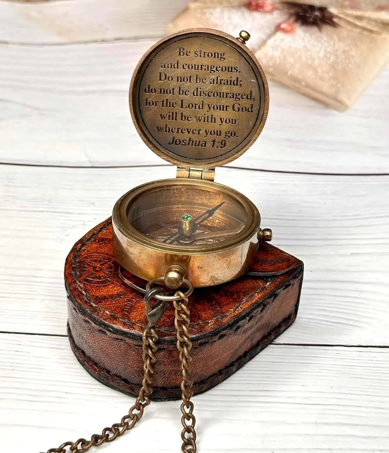 Brass Engraved Compass Be Strong and Courageous Gift Compass | Pocket Compass with Leather Case, Working Compass, Baptism Gift, Confirmation Gift Ideas