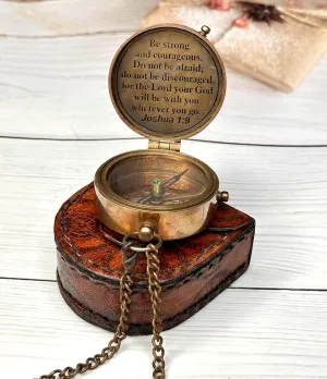 Brass Engraved Compass Be Strong and Courageous Gift Compass | Pocket Compass with Leather Case, Working Compass, Baptism Gift, Confirmation Gift Ideas