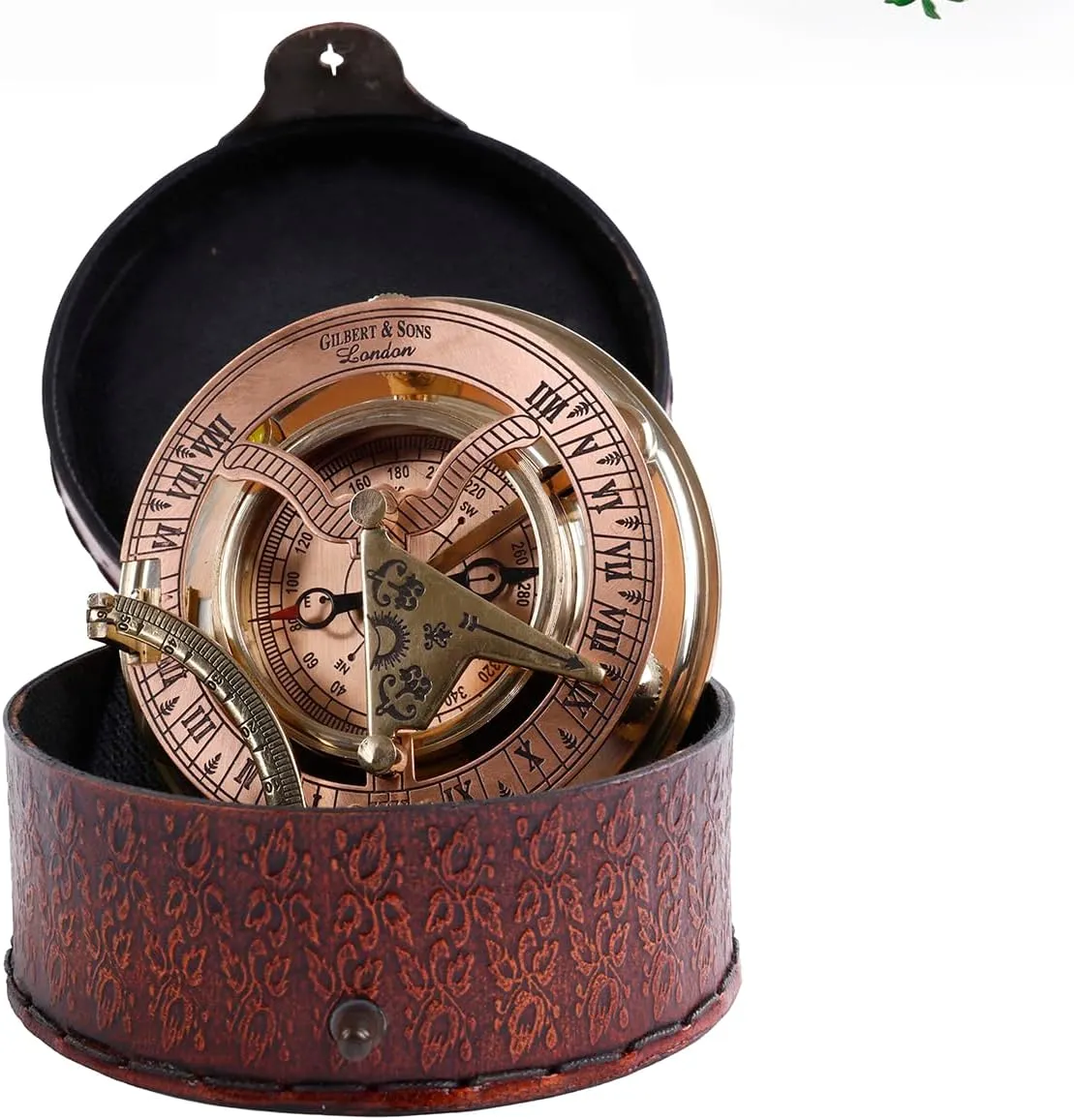Brass Sundial Compass in Leather Case – Unique Nautical Gifts for Men, Antique Sailing Anniversary Gadget, Maritime Pocket Watch Clock, Nautical Decor for Him