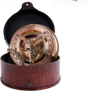 Brass Sundial Compass in Leather Case – Unique Nautical Gifts for Men, Antique Sailing Anniversary Gadget, Maritime Pocket Watch Clock, Nautical Decor for Him