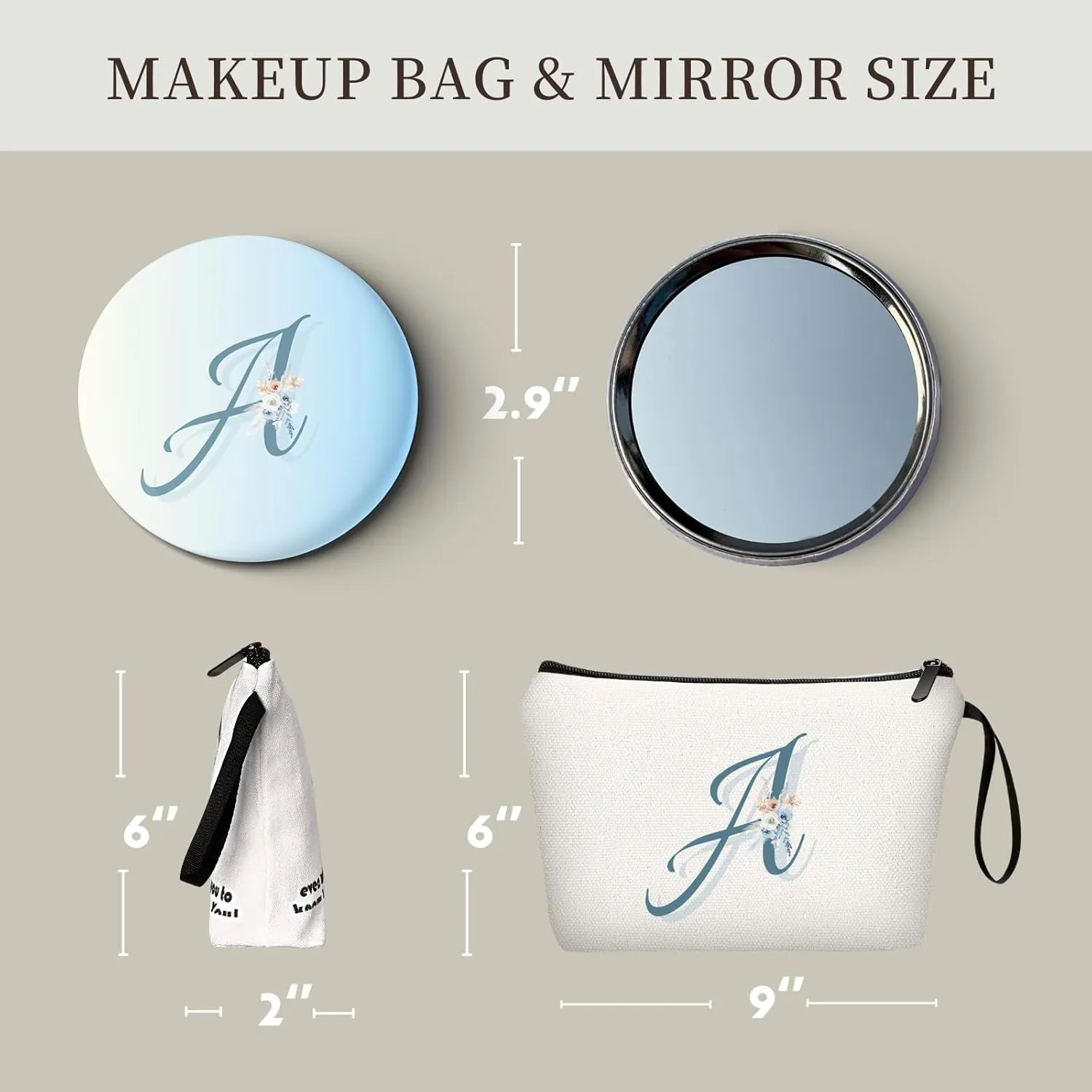 Bridal Shower Gifts for Bride,Initial Gifts for Women,Monogram Gifts,Bachlorette Gifts for Bride,Makeup Bag with Mirror,Sisters Gifts from Sister,Small Gifts for Women,Bridemaid,Friend,Female(A)