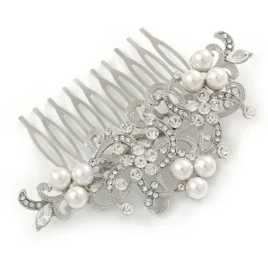 Bridal/Wedding/Prom/Party Rhodium Plated Clear Austrian Crystal Faux Pearl Floral Side Hair Comb - 90mm