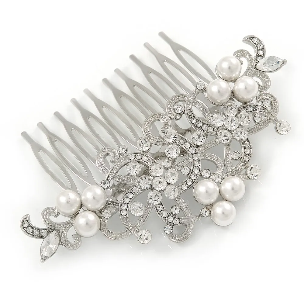 Bridal/Wedding/Prom/Party Rhodium Plated Clear Austrian Crystal Faux Pearl Floral Side Hair Comb - 90mm