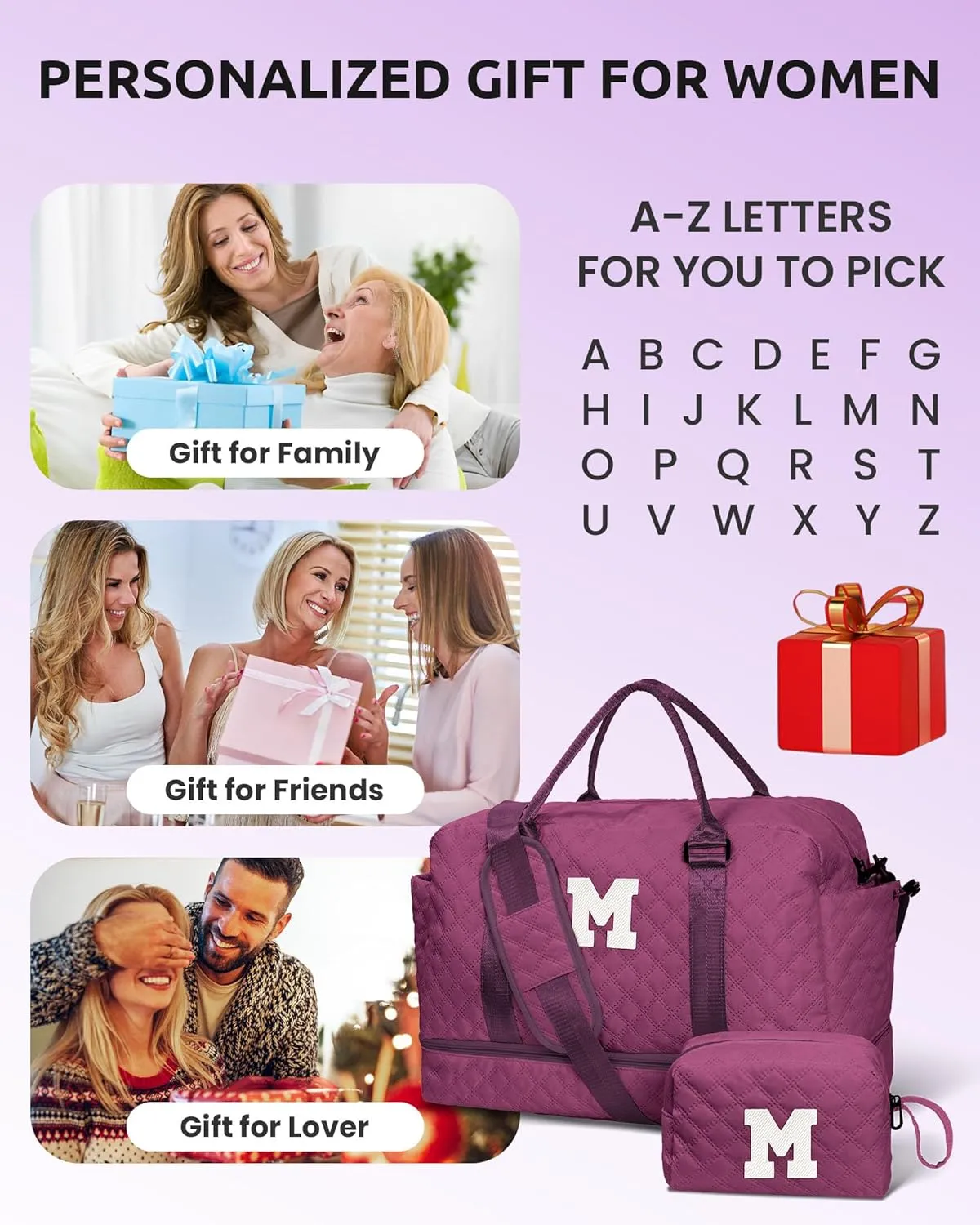 Bride To Be Gifts, Gifts for Women-Initial Travel Bag with Shoe Compartment, Personalized Weekender Bags, Monogram Overnight Bag for Women, Letter Travel Bags with Makeup Pouch (Letter I)