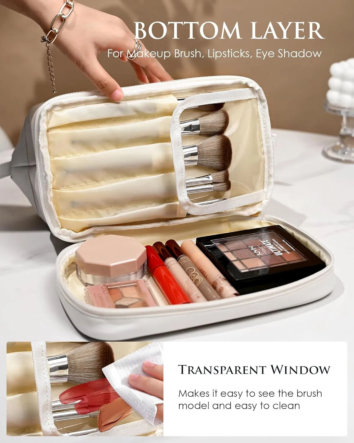 Bridesmaid Gift, Initial Makeup Bags, Personalized Double Layer Cosmetic Bag with Makeup Brush Organizer, Waterproof, Large Capacity PU Leather Travel Toiletry Bag