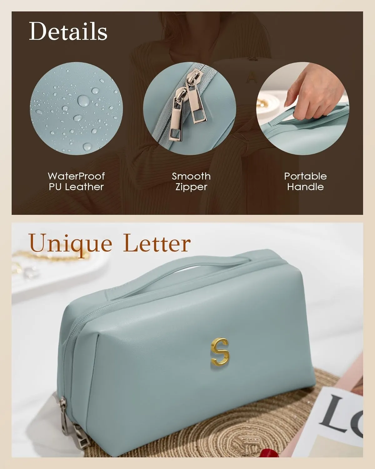 Bridesmaid Proposal Gifts, Cosmetic Bag with Initial, Popular Bridal Shower Gifts, Bachelorette Gifts from Bride, Makeup Bag with Letter, Wide Open Toiletry Bag, Travel Gifts for Women Teen Girl