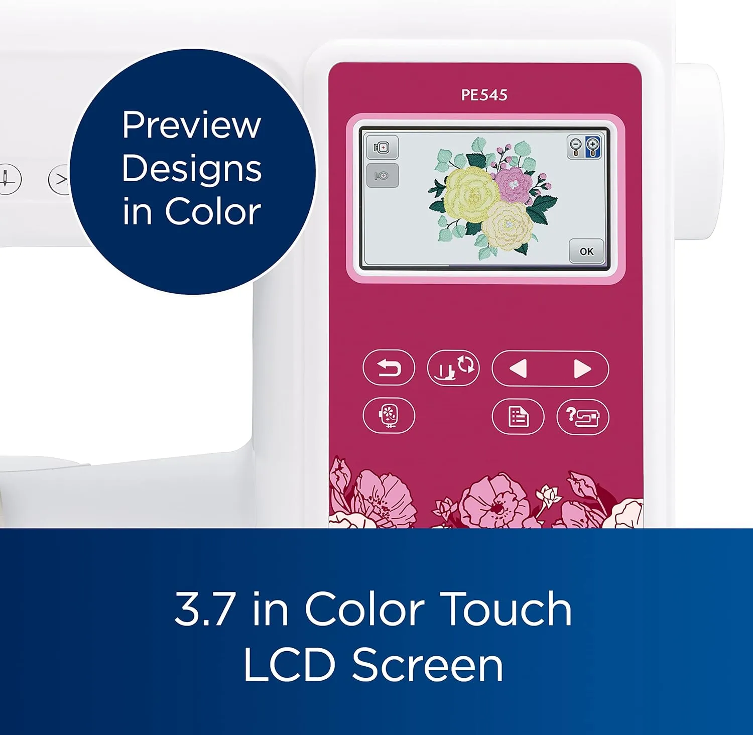 Brother PE545 Embroidery Machine, Wireless LAN Connected, 135 Built-in Designs, 4" x 4" Hoop Area, Large 3.7" LCD Touchscreen, USB Port, 10 Font Styles