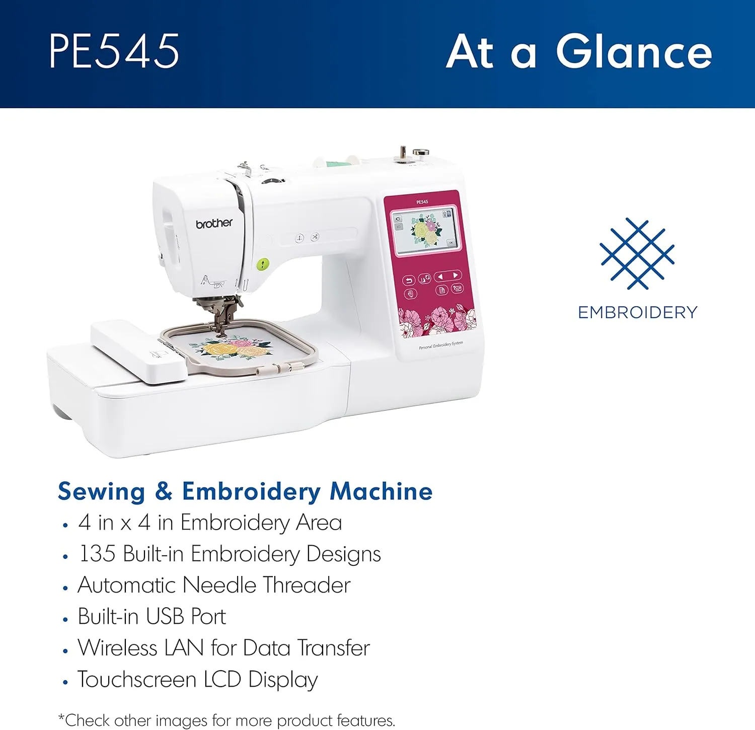 Brother PE545 Embroidery Machine, Wireless LAN Connected, 135 Built-in Designs, 4" x 4" Hoop Area, Large 3.7" LCD Touchscreen, USB Port, 10 Font Styles