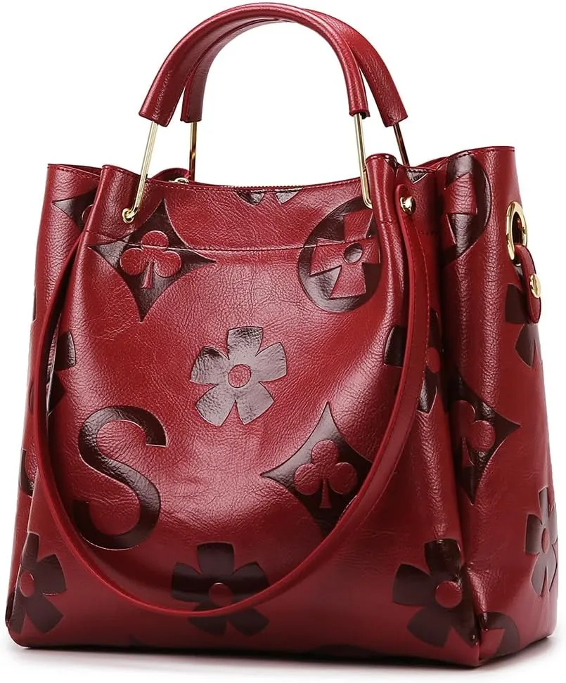 Bucket Bag for Women,Floral Embossed Tote Bag Trendy Vintage Crossbody Bag Large Vegan Leather Hobo Shoulder Handbag