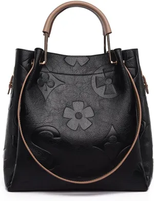 Bucket Bags for Women Floral Embossed Tote Bag Women's Top-handle Handbags Trendy Vintage Vegan Leather Shoulder Bag