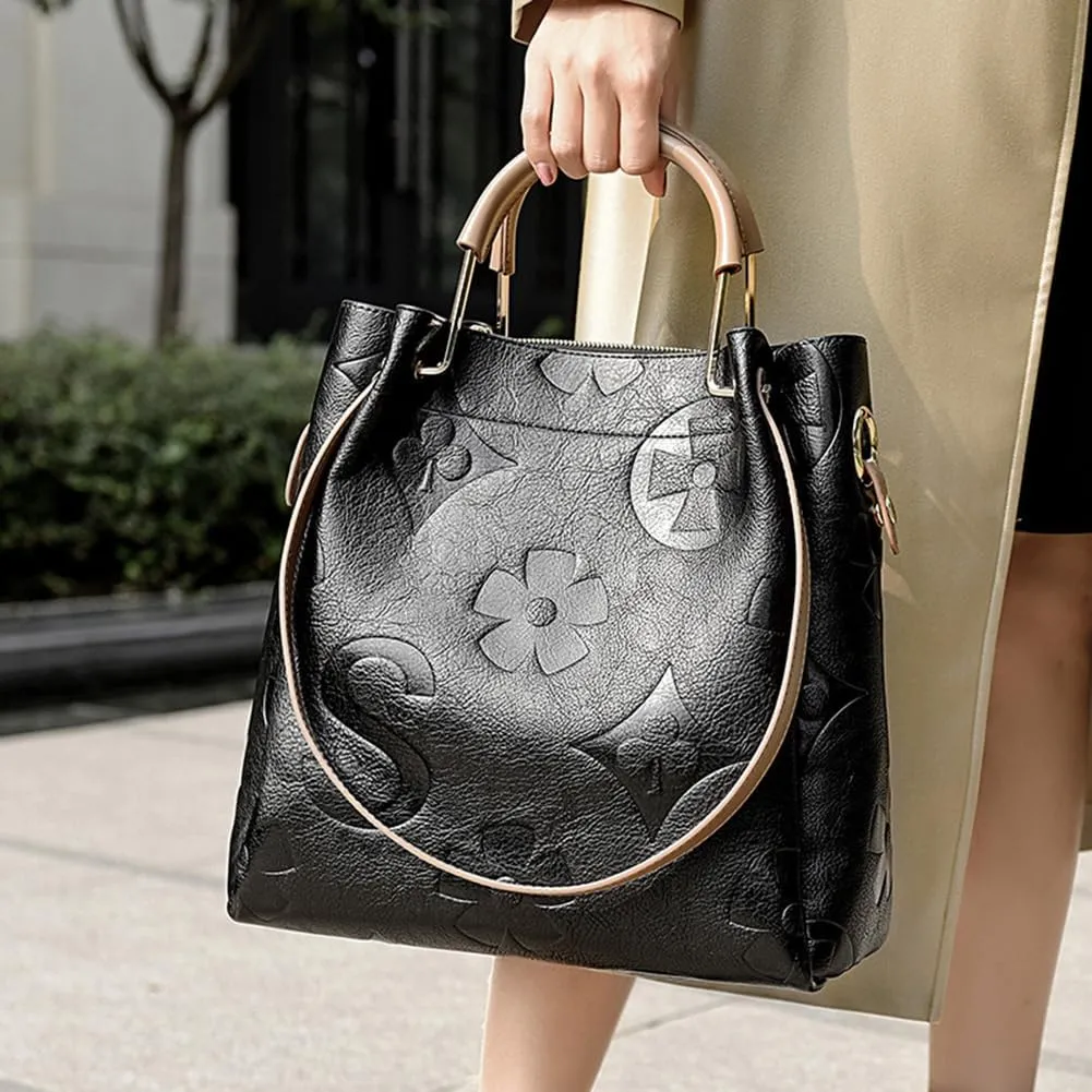 Bucket Bags for Women Floral Embossed Tote Bag Women's Top-handle Handbags Trendy Vintage Vegan Leather Shoulder Bag