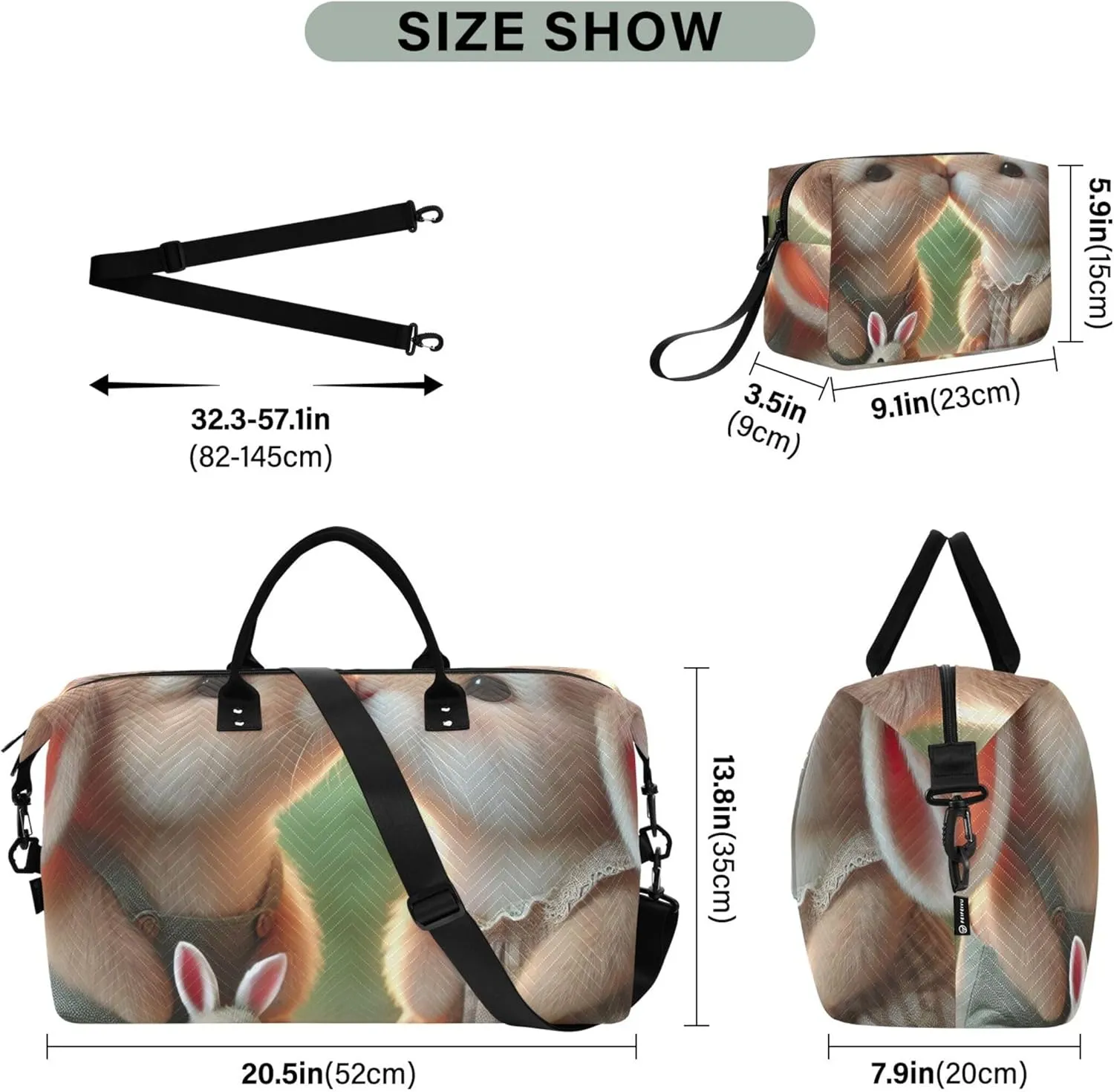 Bunny Kiss Rabbits Travel Duffle Women Makeup Pouch Set of 2, Animal Floral Womens Small Duffle Bag Carry on Duffel Bag