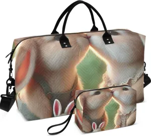 Bunny Kiss Rabbits Travel Duffle Women Makeup Pouch Set of 2, Animal Floral Womens Small Duffle Bag Carry on Duffel Bag