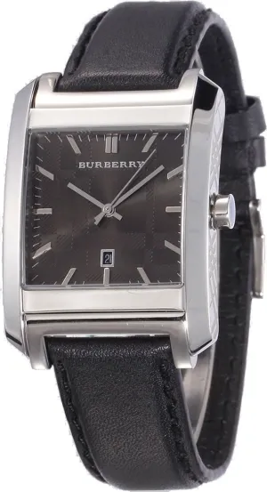 Burberry Heritage Luxury Mens Unisex Square Watch Black Leather Band Grey Engraved Date Dial BU1571