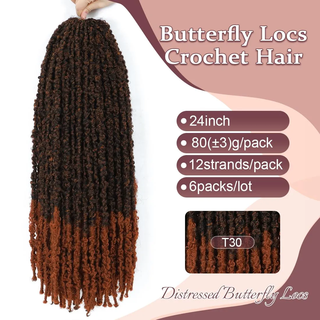 Butterfly Locs Crochet Hair 24 Inch 6 Packs Pre-twisted Ditressed Butterfly Locs Long Soft Faux Locs Braids Hair For Black Women Pre Looped(24inch,T30)