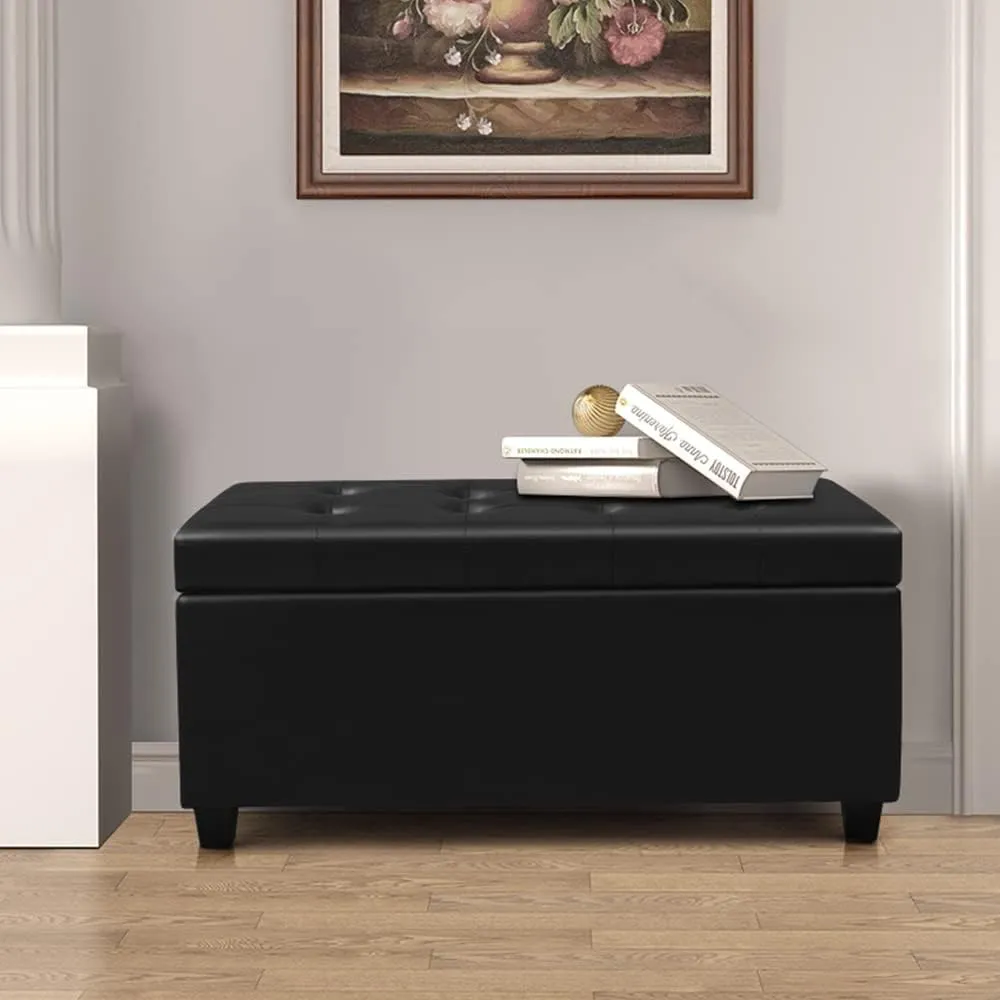 CangLong 36Inch Damara Lift-Top Storage Ottoman Bench with Faux-Leather Upholstery, Upholstered Foam Padded Rectangular Footstool, Easy Assemble Furniture ,Black