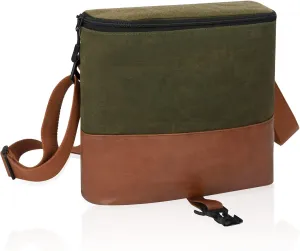 Canvas Crossbody Bag with Adjustable Strap, Zip Closure, Patch Display Panel, 7x10x3 inches, Green and Brown