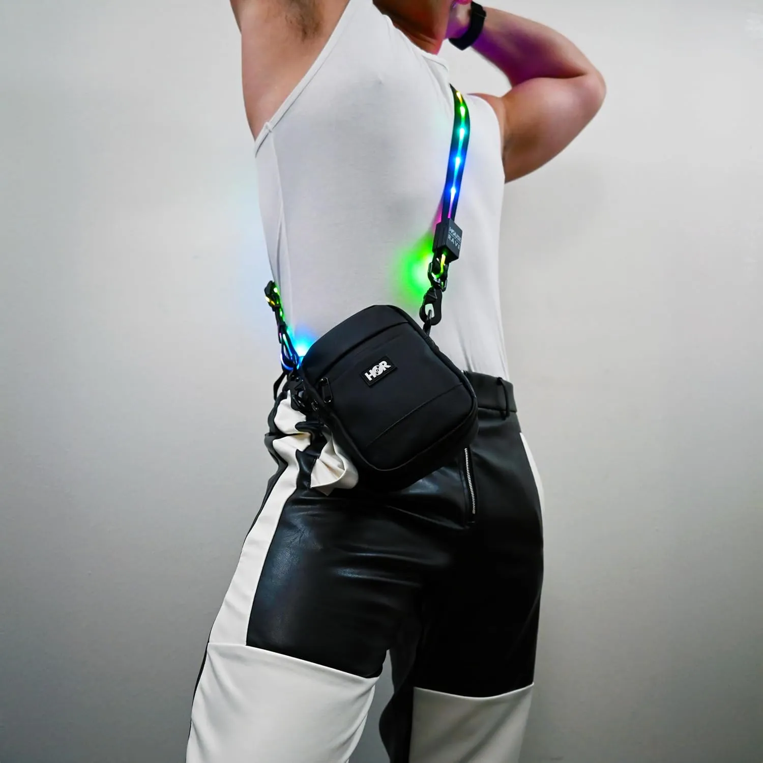 Canvas LED Strap Bag - LED Crossbody or Fannypack (2 Ways to Wear) - Light up Festival Bag for Women & Men - LED Rave Bag