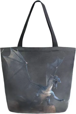 Canvas Tote Bag Blue Dragon Women Shoulder Bag Myth and Legend Reusable Grocery Bags Large Handbag Travel Shopping Bag for School Nursing Gift Outdoors
