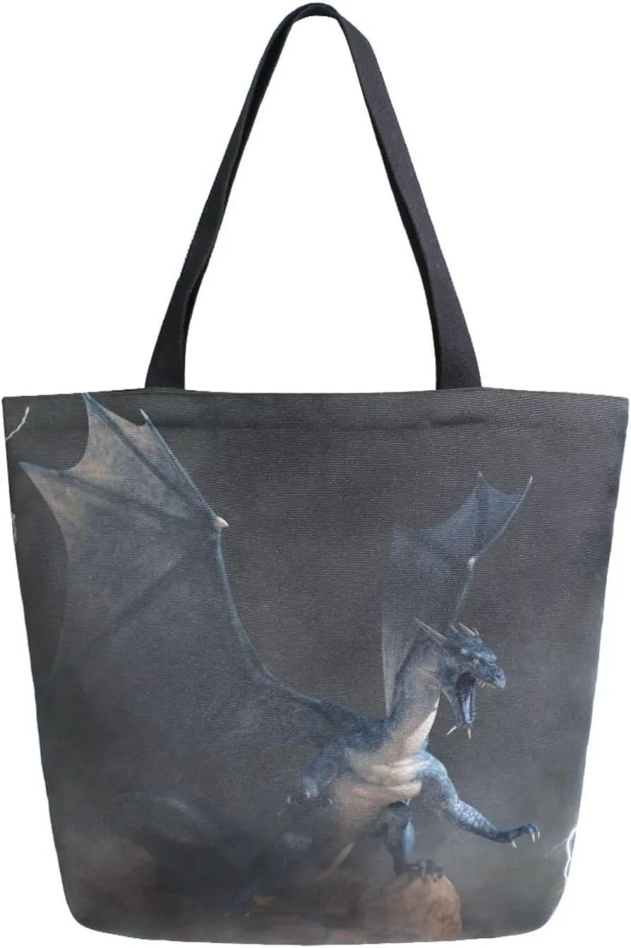 Canvas Tote Bag Blue Dragon Women Shoulder Bag Myth and Legend Reusable Grocery Bags Large Handbag Travel Shopping Bag for School Nursing Gift Outdoors
