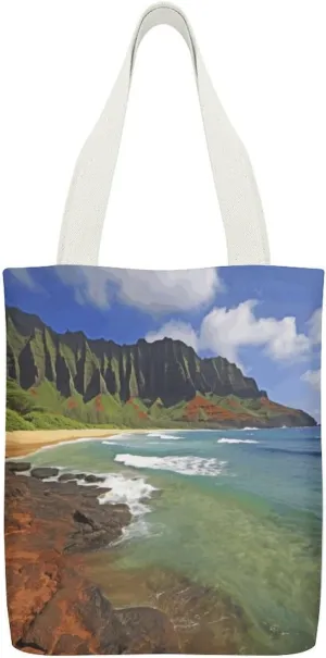 Canvas Tote Bags Seashore Print Reusable Grocery Bag Lightweight Shopping Handbag with Internal Pocket Double-sided Pattern
