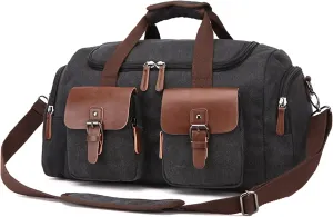 Canvas Weekend Bag for Men, Vintage Travel Duffle Bags Large Capacity Crossbody Shoulder Bag for Camping Hiking (Black)