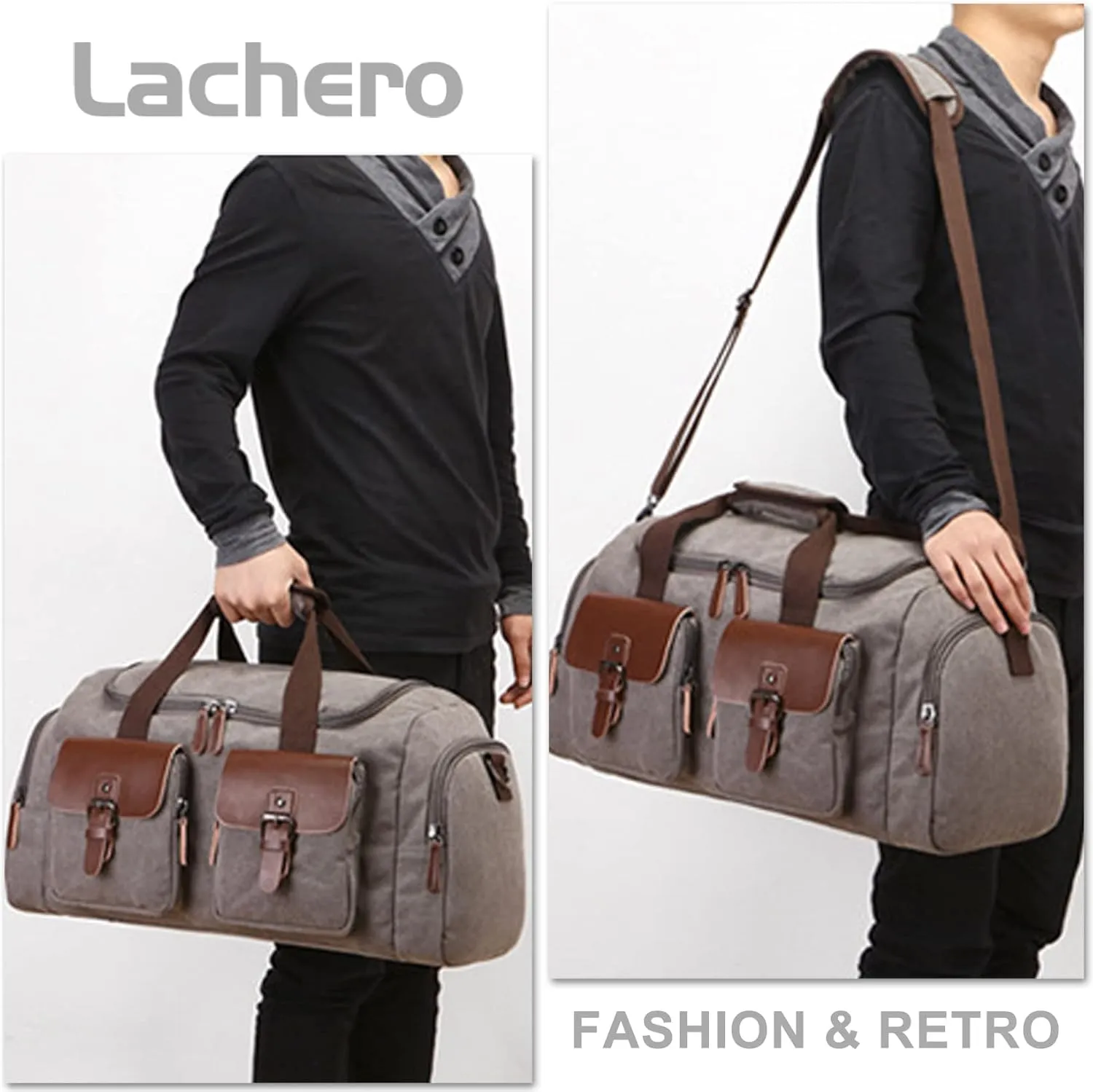 Canvas Weekend Bag for Men, Vintage Travel Duffle Bags Large Capacity Crossbody Shoulder Bag for Camping Hiking (Black)