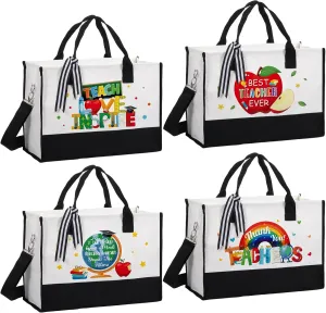Capoda 4 Pcs Teacher Appreciation Gift Thank You Teacher Tote Bag Inspire Handbag Canvas Bag for Women Retirement Birthday Gift