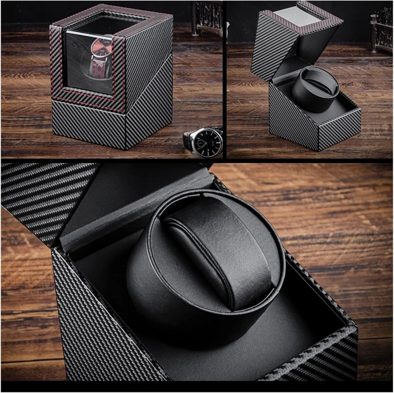 Carbon Fiber PU Leather Watch Box with Acrylic Skylight, Mechanical Watch Storage Display Box for Men, L18.2cm