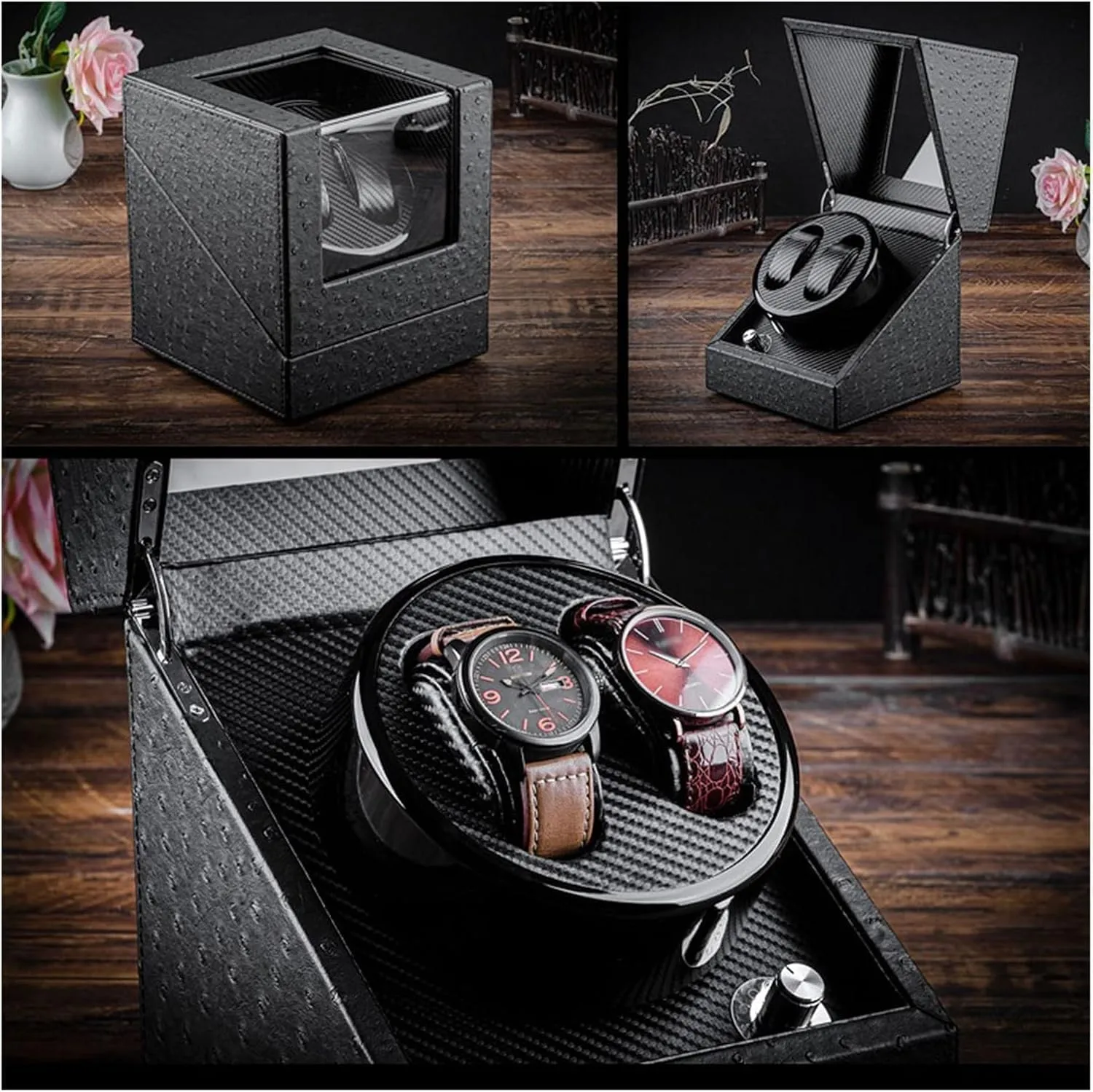 Carbon Fiber PU Leather Watch Box with Acrylic Skylight, Mechanical Watch Storage Display Box for Men, L18.2cm